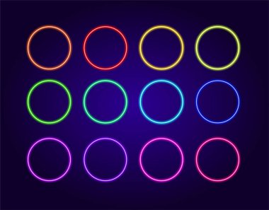 Dekorasyon tasarımı için 3D neon renkli daireler. Kartvizit. Mavi renk. Bir dizi izole renkli neon çerçeve. Parlak çok renkli, renk spektrumlu, karanlıkta parlayan yuvarlak çerçevelerin vektör illüstrasyonuName