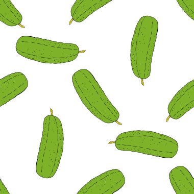 Parmak izi tasarımı için yeşil salatalık çizimi. Beyaz arkaplan. Organik tekstil. Kusursuz bir arka plan. Antika baskı. Yeşil salatalık vektör deseni. Siyah çizgili ve g şeklinde kusursuz bir salatalık deseni.