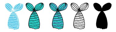 Beautiful doodle colorful set on white backdrop. Blue color. Beautiful doodle set mermaid tail, great design for any purposes.