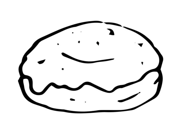 Donut vectorial dibujado a mano con una línea negra sobre un fondo blanco para una plantilla de diseño de menú, embalaje, señalización. elemento de rosquilla dulce aislado vista lateral con glaseado en la parte superior y textura de puntos — Vector de stock