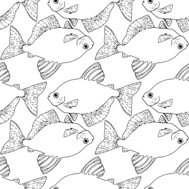 Deniz balığının kusursuz deseni Sera Tetra. Renklendirmek için hoş bir tropikal balık desenli resim. Tasarım şablonu için farklı yönlerde yüzen siyah balık ternetzi çiziminin vektör deseni