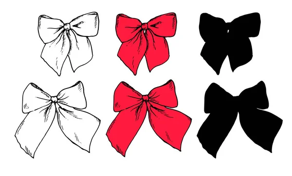A set of vector isolated elements made of red ribbon bows. Hand drawn Vintage Style Sketch Bows Black Outline and Silhouette with Red Colored Holiday Bows for Holiday Design Template — Stock Vector