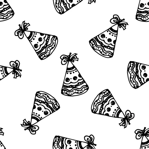 Διάνυσμα άνευ ραφής μοτίβο καπέλο διακοπών με γραμμές και τελείες μοτίβο, χέρι-που σε στυλ doodle με μαύρη γραμμή σε λευκό φόντο για τα παιδιά γενέθλια κόμμα πρότυπο σχεδιασμού — Διανυσματικό Αρχείο