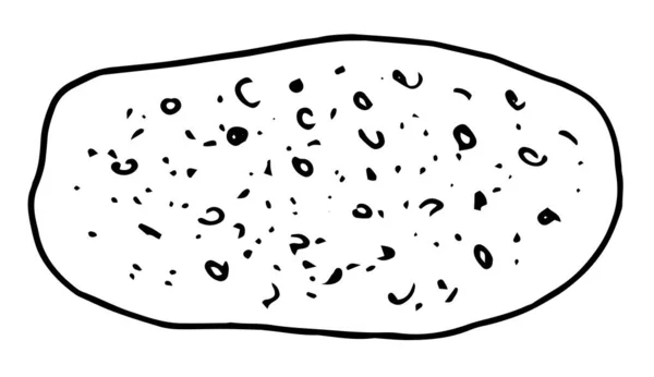 Üstünde nokta deseni olan oval ekmek somunu vektör izole edilmiş, fırın tasarım şablonu, menü, etiket ve etiketi için beyaz arkaplan üzerine karalama tarzı üst görünüm ile çizilmiş siyah ana hat — Stok Vektör