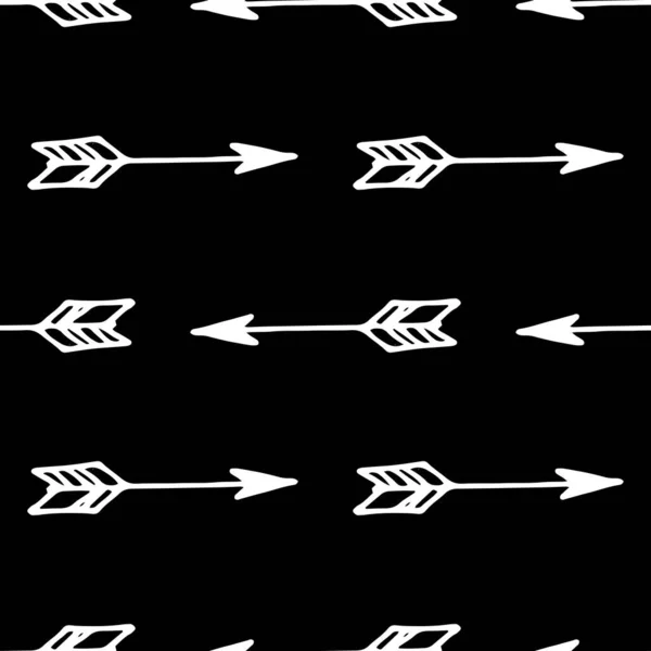Patrón de flecha Vector sin costura. Patrón sin costura vectorial de una flecha blanca dibujada en un estilo garabato con plumaje rayado y un triángulo de punta afilada geométricamente dispuestos a lo largo de líneas horizontales en — Archivo Imágenes Vectoriales