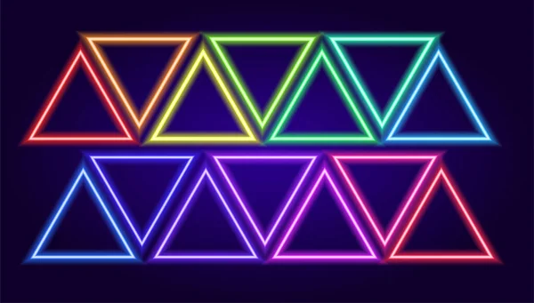 Neon renkli üçgenlerin vektör kümesi. Bir tasarım şablonu için karanlık bir arkaplan üzerinde çok renkli, neon üçgen çerçeve biçimindeki izole elementler. renk spektrumu üçgen neon