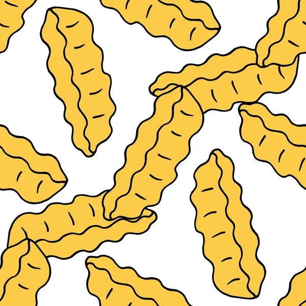 Векторный бесшовный узор из гофрированной картошки фри ручной работы в стиле эскиз с черной линией и желтым узором, для шаблона меню, вывески, упаковки быстрого питания на белом фоне — стоковый вектор