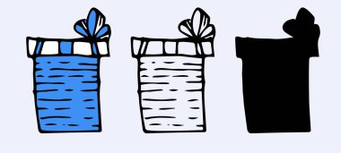 Beyaz arka planda siyah karalama seti olan klasik eskiz kurdelesi. Mavi ambalajda izole edilmiş hediye kutusu elemanlarının oluşturduğu bir vektör seti. Kenarlarında çizgiler, siluet ve siyah çizgiler olan bir kurdele. mavi renkli hediye kutusu ve karalama 