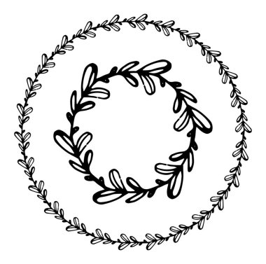 Metin için boş alanı olan yaprakların vektör çelengi. Ortasında çizgi olan yuvarlak yapraklarla izole edilmiş yuvarlak çerçeve seti, tasarım şablonu için beyaz arka planda karalama tarzında çizilmiş siyah çizgi. Klasik karalama çelengi Leav