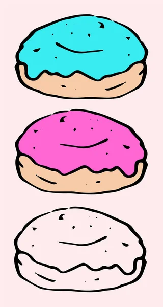 Vintage Αφίσα Κινουμένων Σχεδίων Πολύχρωμα Doodle Doughnut Vector Σύνολο Ντόνατς — Διανυσματικό Αρχείο