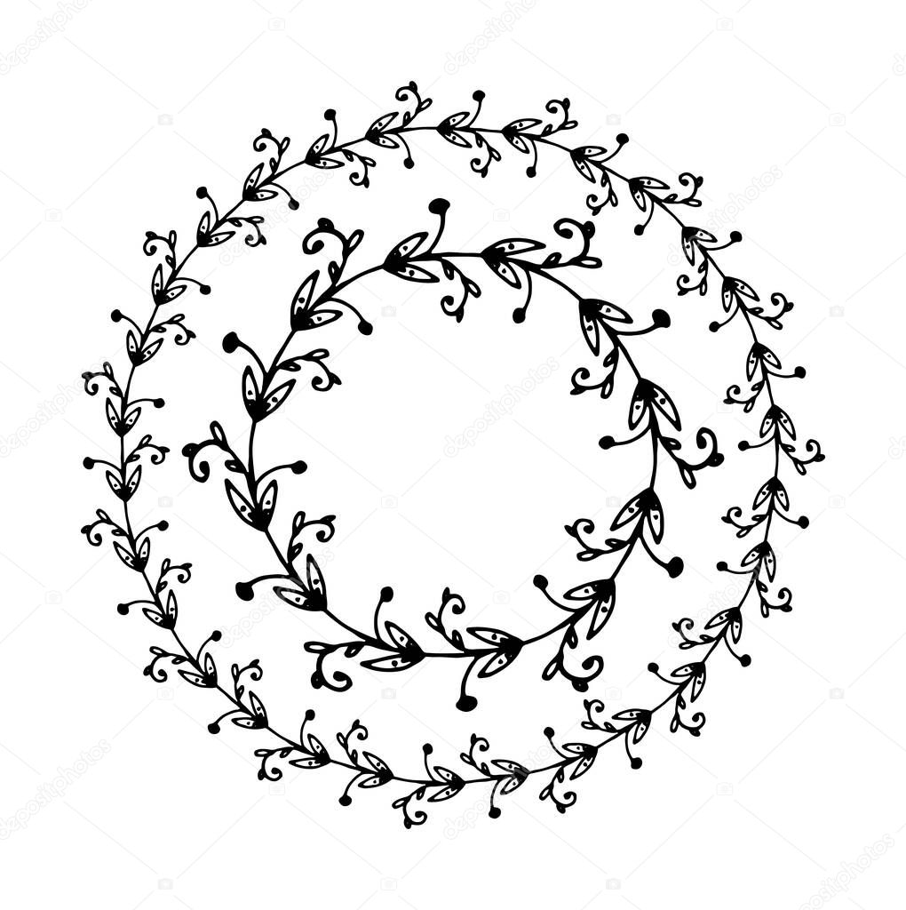 Vector wreath of leaves with an empty space for the text. set of isolated round twig frames with rounded leaves with a streak in the middle, hand-drawn black line in doodle style on a white background for a design template. Vintage doodle wreath leav