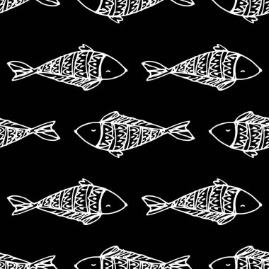 Farklı yönlerdeki balıkların kusursuz desenleri. Tasarım şablonu için siyah arkaplan üzerinde beyaz bir çizgi ve zigzag ölçekli el çizimi karalama tarzı küçük uzun şekilli balık. Eski usul karalama balık deseni .