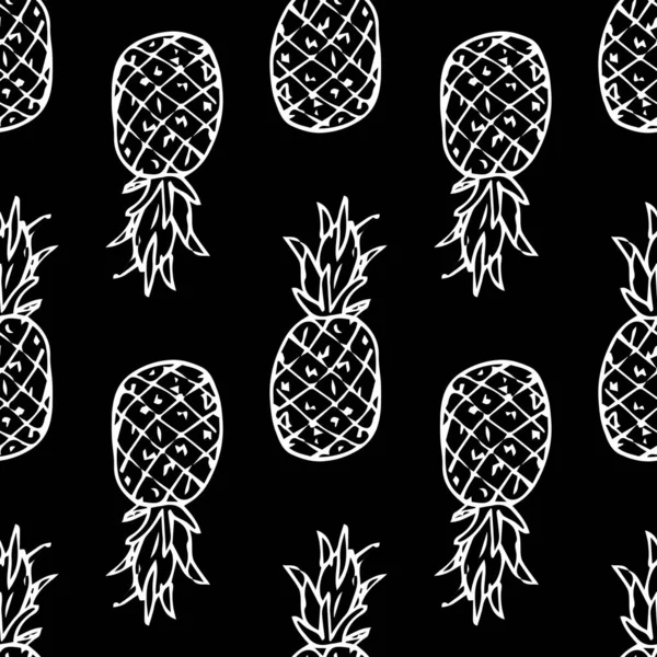 在白色背景上孤立的菠萝果实的图像 矢量黑白插图 矢量无缝菠萝图案 一个完整的菠萝的涂鸦式绘图 侧视在不同的垂直方向上 在一个黑色的Bac上孤立的白线 — 图库矢量图片