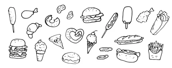 Vector Set Isolated Fast Food Elements Hand Drawn Doodle Style — Stock Vector