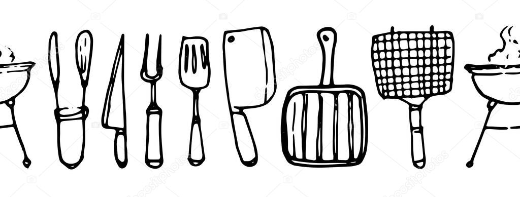 Vector seamless pattern of grill tools. Seamless horizontal stripe pattern of knives and forks, grill pans and grates and barbecue grill for summer picnics, in doodle style with black line on white background for design template. Vintage seamless pat