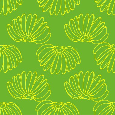 Bir grup muzun vektörsüz deseni. Tropikal meyve deseni. Tasarım şablonu için geometrik olarak düzenlenmiş yeşil bir zemin üzerinde çizilmiş bir demet muz. Beyaz arka planda karalama sarı desen. Organ