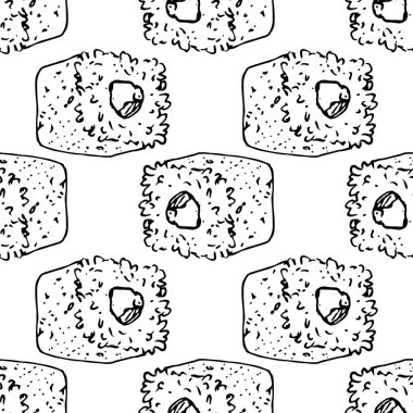 Vektör izole arazi hattı. Elle çizilmiş Vektör suşi rulosunun dış hatlarını izole etti. Vektör dikişsiz suşi kalıbı. El çizimi geometrik Japon tarzı suşi şekli, kare şeklinde pirinç ve beyaz arka planda siyah çizgiler.