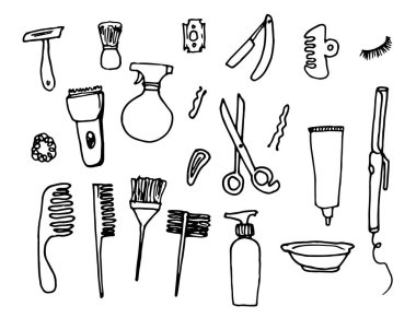 Doodle set güzellik salonu, her amaç için harika bir tasarım. Makas, fırça ve tüp vektör seti ve saç boyası, makas, tarak, saç maşası, jilet ve tıraş makinesi için kase seti, beyaz arka planda siyah çizgi.