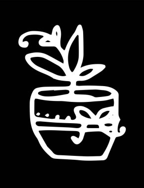 Beyaz arka planda siyah çalı çırpı kabı olan modern el çizimi bir kart. El çizimi çizimi. Keskin yapraklı bir filiz ve ucunda bukle olan bir saksı. El çizimi, nokta desenli, el çizimi karalama tarzı bir saksı bitkisi. 