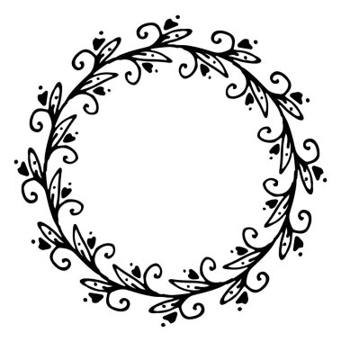Kıvırcık yaprakların vektör çelengi ve noktaların ve kalplerin deseni. Karalama stilinde çizilmiş, kıvrımlı küçük keskin yapraklardan oluşan yuvarlak bir şablon ve içinde bir nokta olan bir kalp, içinde metin için boş bir boşluk, beyaz arkaplan üzerinde izole edilmiş siyah bir çizgi