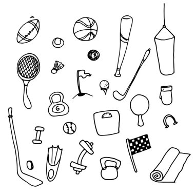 Doodle spor ekipmanları beyaz arka planda sanat tarzında. Takım sporu. Doodle kümesi ögesi.
