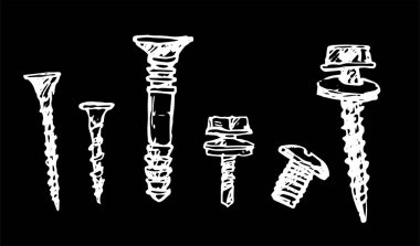 Çizim modern tarzda vidalanır. Taslak sembol koleksiyonu. Endüstriyel teknoloji. Çizgi sanatı. Vector cıvatalar, kendi kendine tıkırdayan vidalar. vektör yalıtımlı ev onarım araçları metal cıvatalar, ve kendi kendine tıklatan vidalar whi ile çizim tarzı elle çizilmiş