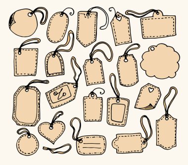 Hediye olarak vintage etiket. Hediye olarak vintage etiket seti. Tasarım şablonunun beyaz bir arkaplan üzerinde bir dizgi desenli dizgi etiketleri ile çeşitli şekillerin el çizimi karalama biçimi, siyah taslak ve kahverengi elementleri