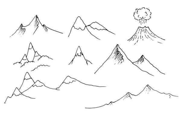 Sketch Doodle Mountains Set Banner Design Vector Set Isolated Contour Royalty Free Stock Illustrations