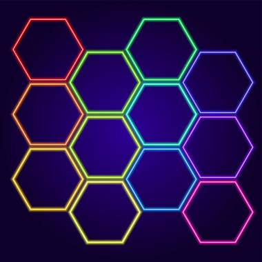 İçinde boş alan olan çok renkli altıgen çerçeveler izole edilmiş bir vektör kümesi. Tasarım şablonu için koyu mavi arkaplan üzerinde altıgen bal peteği gradyan renginden karanlıkta parlayan geometrik desen. Neon ışığı. Altıgen patte