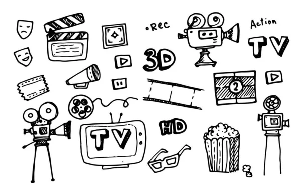 Sinema vektör simgesi seti. Klasik filmlerin vektör kümesi. Karalama tarzı izole edilmiş sinema ve televizyon, kamera, patlamış mısır, 3D gözlükler, ekran, bilet, televizyon, film kaseti tasarım şablonu için beyaz arka planda siyah bir çizgi. Siyah ve w sembolleri