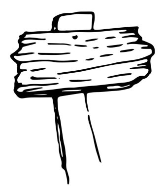 Beyaz arka planda geçmişe dönük siyah çizgili ahşap işaret. Eski ahşaptan yapılmış eski model yol tabelası. Tahta bir tabelanın izole edilmiş elementlerinin taşıyıcısı ve direğin üzerinde dikdörtgen bir tahta var. Elle çizilmiş siyah bir çizginin karalaması şeklinde. 