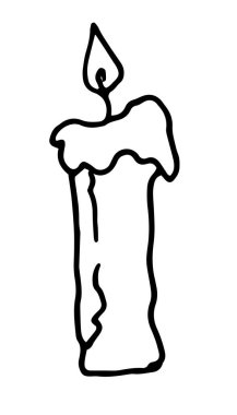 Dekorasyon tasarımı için karalama mumu. Çizim çizimi. Ateş alevi. Beyaz arka planda çizgi resim ikonu. Yanan bir mum. Erimiş balmumu damlaları olan uzun, yanan bir mumun vektör izole elementi, karalama şeklinde çizilmiş,