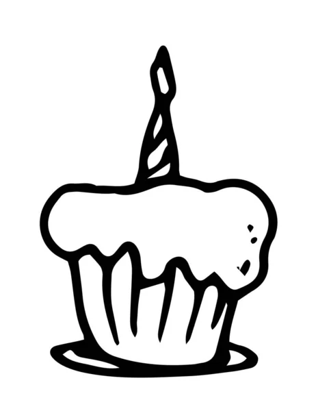 Cartoon Beautiful Cartoon Gift Card Black Doodle Cupcake Candle White — Stock Vector