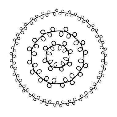 Dekoratif tasarım için şablon. Soyut elementler. Işık arkaplan üzerinde siyah karalama çizgili çizgiler çizilmiş Retro el çizimi. Siyah çizgili karalama tarzında çizilmiş küçük dairelerden oluşan bir deseni olan yuvarlak çizgi çerçevelerinin vektörünü izole et