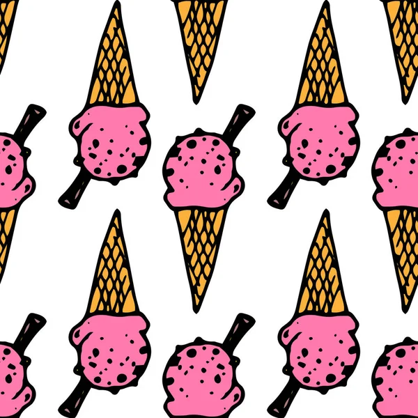 Διάνυσμα αδιάλειπτη μοτίβο του ροζ παγωτό σε ένα κίτρινο κώνο βάφλα με ένα καλαμάκι στην κορυφή και μια υφή πασπαλίζουμε με κουκίδες γεωμετρικά τοποθετημένα, χέρι-που σε ένα doodle στυλ σε ένα λευκό φόντο για ένα — Διανυσματικό Αρχείο