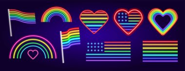 Gurur bayrağı. Gökkuşağı aşk kavramı. LGBT topluluğunun bir dizi vektör neon işaretleri. Karanlıkta parlayan gökkuşağının izole elementleri, Amerikan gökkuşağı bayrağı, çok renkli kalp. Tasarım şablonu için neon gay ve lezbiyen aşk sembolü