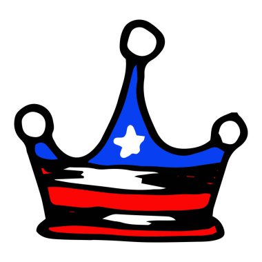 Mavi arka planda beyaz bir yıldız ve kırmızı beyaz çizgili vektör taç. Üç çatallı dairesel izole taç elementi çizgili Amerikan bayrak eli deseni karalama stiliyle çizilmiş.