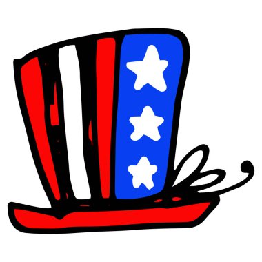 Kırmızı arka planda çizgi film siyah karalama amerika silindir şapkası. Klasik vektör çizimi. Amerikan bayrağının renginde vektör silindiri. El çizimi karalama tarzı yalıtılmış beyaz çizgili yüksek renkli şapka ve beyaz arkaplanda beyaz yıldızlar, beyaz arkaplan 