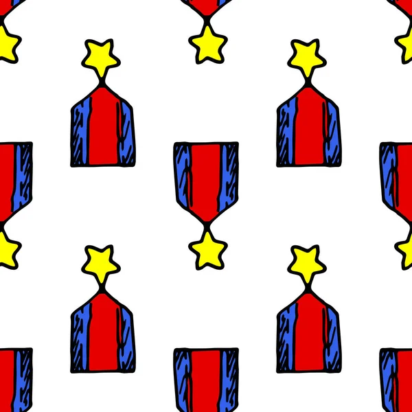 Doodle Ribbon Golden Doodle Medal Star Background Vector Seamless Pattern Stock Illustration