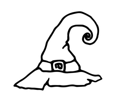 Cartoon doodle witch hat.Vector witch hat. hand-drawn witch hat with a sharp curved tip and buckle, in doodle style, isolated outline in black on a white background for label design template, packaging. a symbol of female witchcraft
