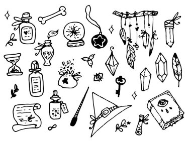 Doodle witch magic in cartoon style .Vector set of witch magic. Isolated magic craft items, hat, crystal, flasks, feathers, spellbook and orb of divination, scrolls, amulets and dice drawn in doodle style black outline on white background for design 