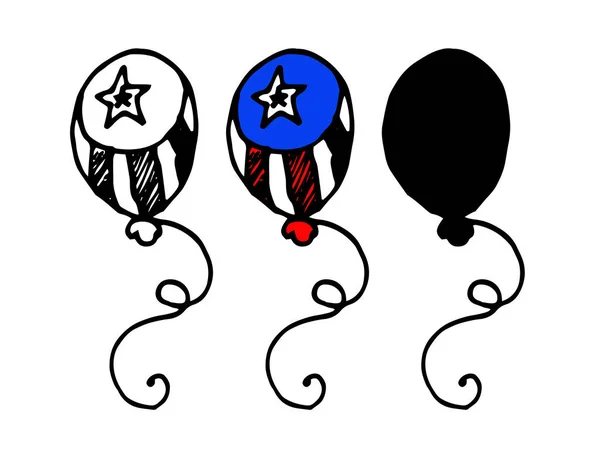 矢量气球 有白色和红色条纹 蓝色背景上有一颗白星 喷口式黑色轮廓的气球的分离部分和白色背景上的轮廓 用于设计 — 图库矢量图片