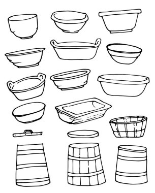 The Basin vector set. a set of insulated plastic basins and bowls and wooden barrels, courts and tubs , painted in doodle style, side view with an isolated black line on a white background for a label clipart