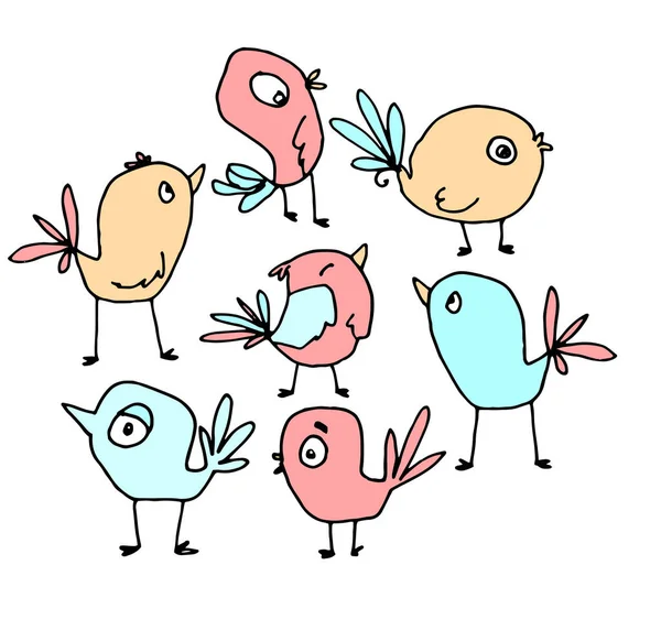 Vector set of colored birds. a set of isolated stylized birds painted in doodle style in turquoise, pink and yellow pastel colors on a white background for a design template for childrens packaging