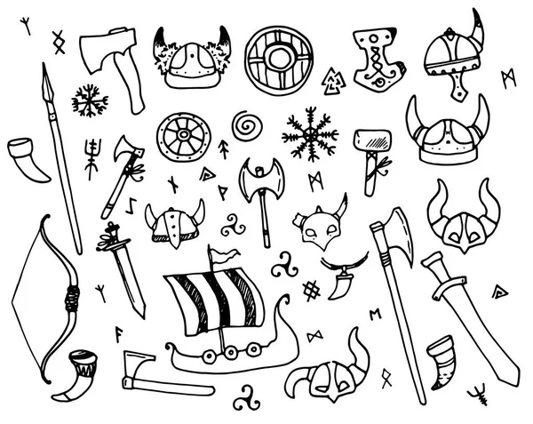 维京人向量集一组手工绘制的斯堪的纳维亚北欧北欧海盗头盔 带有角 矛和船 白色背景上有字母隔离的黑线 作为设计模板 带有黑色维京涂鸦集的老式卡通画 — 图库矢量图片