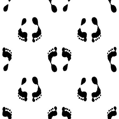 İnsan ayak izlerinin kusursuz bir örneği. Bir tasarım şablonu için beyaz arka planda geometrik olarak düzenlenmiş siyah ayak silueti deseni. Kalıp siluet bacaklar. Beyaz arka plan. Vektör tasarım ögesi - vektör. Siyah arka plan. Doğa