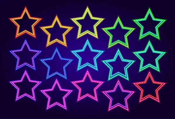 Vector Set Multi Colored Neon Stars Double Contour Vintage Style — Stock Vector