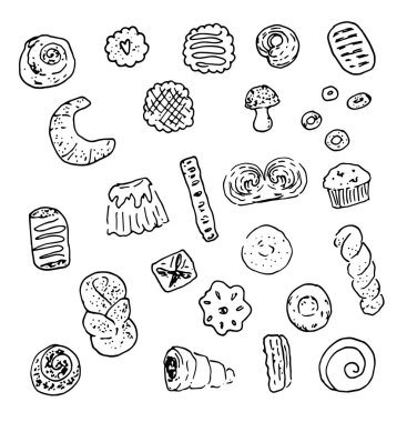Tatlı fırın ürünlerinin vektör seti. İzole edilmiş siyah şekilli kurabiyeler, kurutulmuş haşhaş tohumlu çörekler, reçelli, örgülü çörekler, çörekler, kruvasan şeklinde boyanmış kruvasanlar, fırın tasarımı için beyaz bir zemin. Karalama setiyle retro doodle illüstrasyonuName