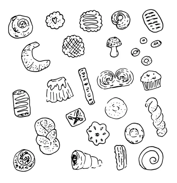 Vector Set Sweet Bakery Products Isolated Black Contour Cookies Dried — Stock Vector