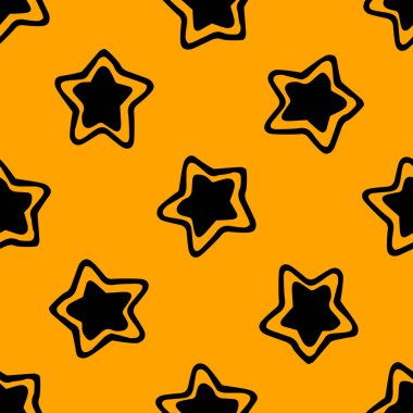 Karalama içinde çizilmiş bir yıldız deseni. Cadılar bayramı için turuncu arka planda siyah bir yıldızın deseni. Bir yıldız siluetinin turuncu bir arka planda siyah bir çizgisi olan kusursuz bir vektör deseni.